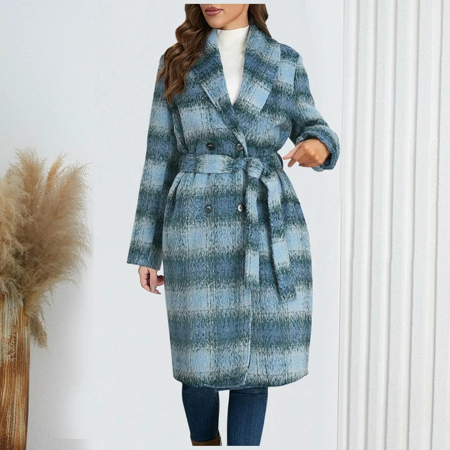 NATHGAM Womens Mid-Long Plaid Trench Coat Winter Vintage Gradient Pea Coat Double Breasted Elegant Woolen Warm Coat with Belt