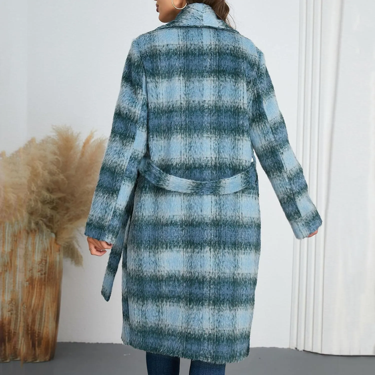 NATHGAM Womens Mid-Long Plaid Trench Coat Winter Vintage Gradient Pea Coat Double Breasted Elegant Woolen Warm Coat with Belt