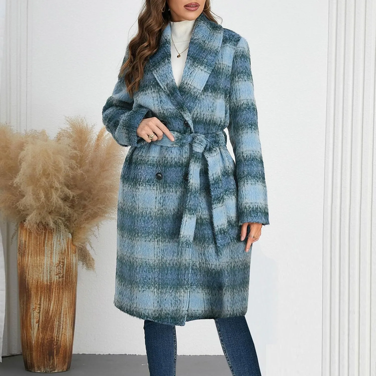 NATHGAM Womens Mid-Long Plaid Trench Coat Winter Vintage Gradient Pea Coat Double Breasted Elegant Woolen Warm Coat with Belt