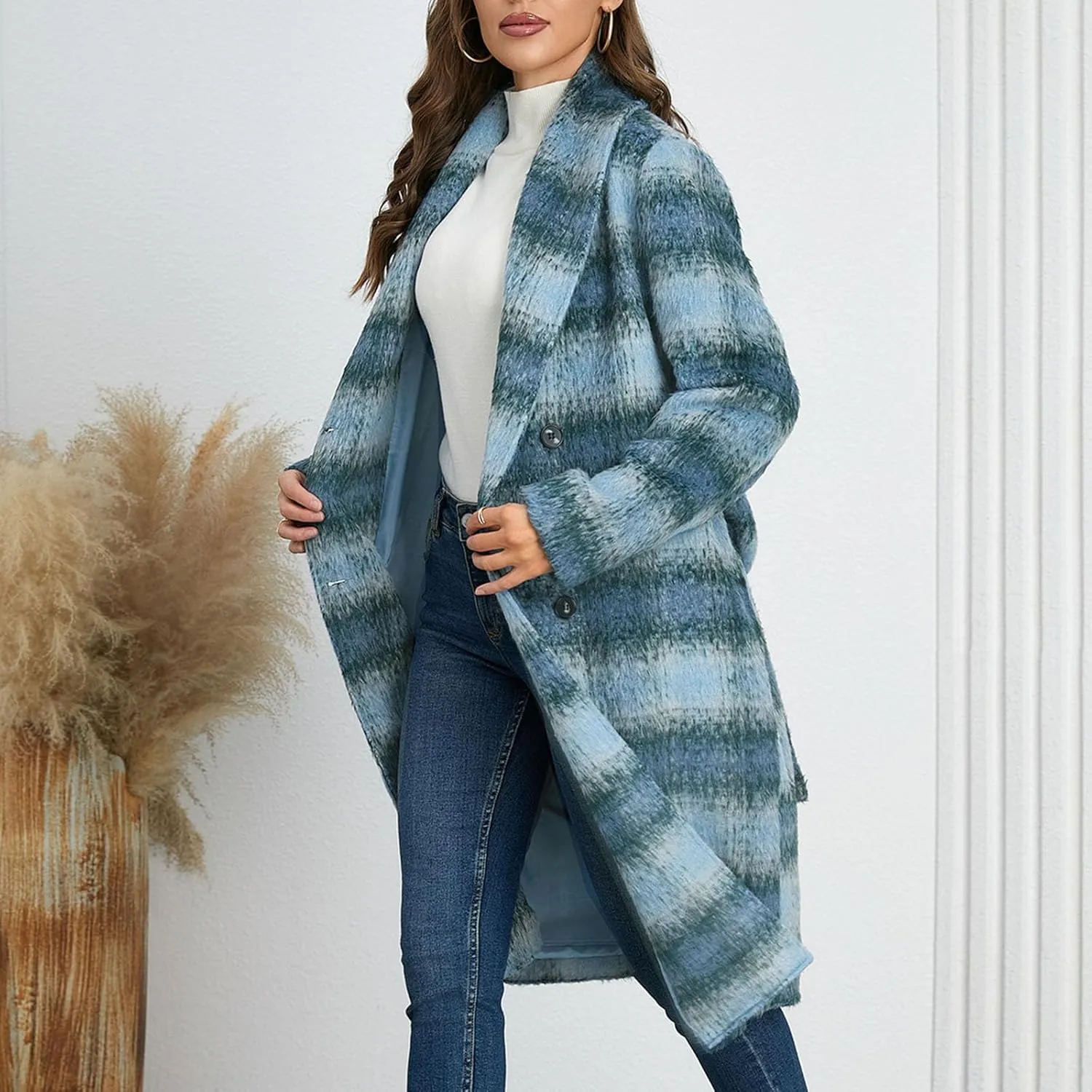 NATHGAM Womens Mid-Long Plaid Trench Coat Winter Vintage Gradient Pea Coat Double Breasted Elegant Woolen Warm Coat with Belt