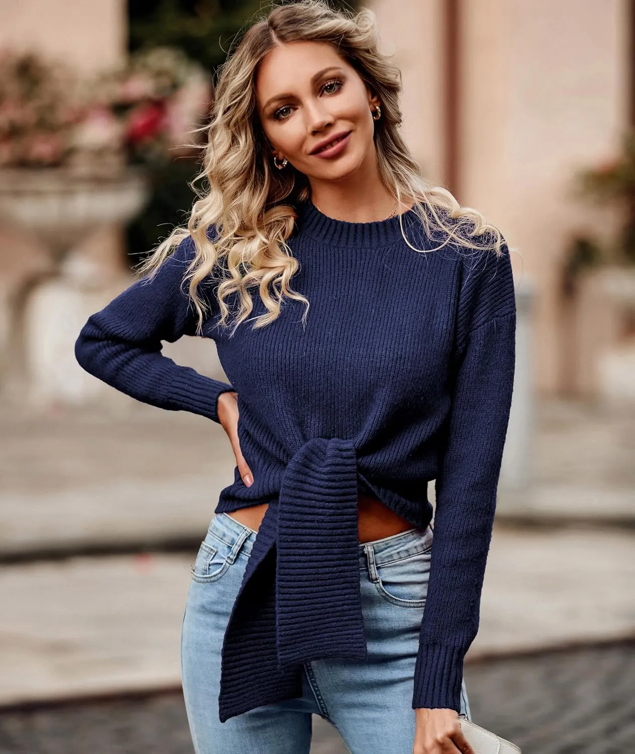 Okiwam Women's Long Sleeve Cropped Knit Sweater Tie Front Crew Neck Solid Color Ribbed Pullover 2025 Casual Tops Jumper