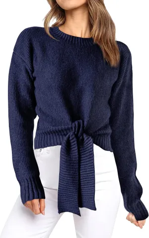 Okiwam Women's Long Sleeve Cropped Knit Sweater Tie Front Crew Neck Solid Color Ribbed Pullover 2025 Casual Tops Jumper