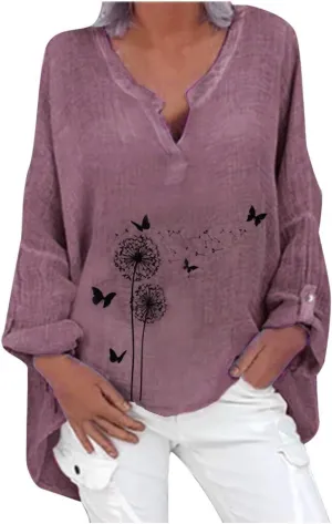 Ollysqiar Zip up Hoodies for Women,Women Long Sleeve T-Shirt Plus Size Casual Floral Print Loose V-Neck Shirt Blouse Top