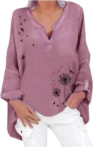 Ollysqiar Zip up Hoodies for Women,Women Long Sleeve T-Shirt Plus Size Casual Floral Print Loose V-Neck Shirt Blouse Top