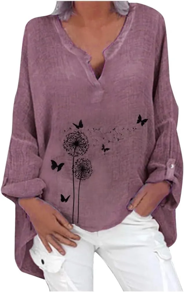 Ollysqiar Zip up Hoodies for Women,Women Long Sleeve T-Shirt Plus Size Casual Floral Print Loose V-Neck Shirt Blouse Top