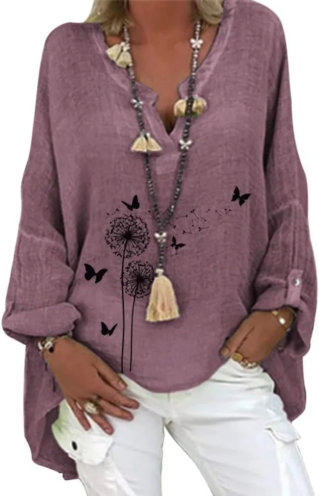 Ollysqiar Zip up Hoodies for Women,Women Long Sleeve T-Shirt Plus Size Casual Floral Print Loose V-Neck Shirt Blouse Top