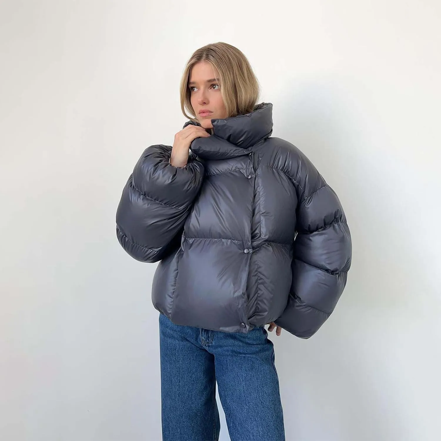 Oversized Down Jackets Womens Thickened Short Padded Y2k Puffer Pockets Cropped Winter Coats Outerwear Removable Hood