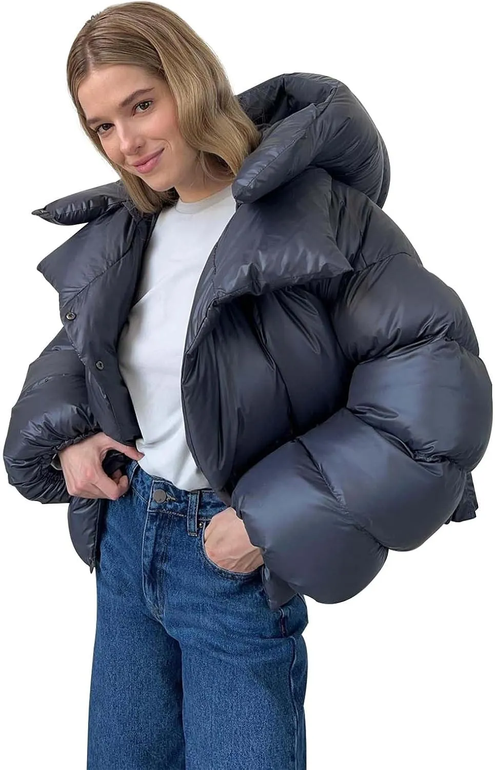 Oversized Down Jackets Womens Thickened Short Padded Y2k Puffer Pockets Cropped Winter Coats Outerwear Removable Hood