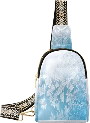 Pattern on Glass Fanny Pack Crossbody PC Leather Small Sling Bag for Women Frosty Winter Fashion Waist Packs Chest Bag for Travel Sports Running Hiking