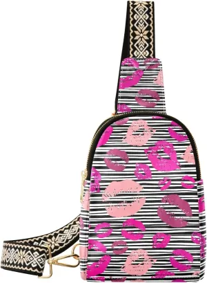 Pink Kisses Striped Fanny Pack Crossbody PC Leather Small Sling Bag for Women Lips Mouth Fashion Waist Packs Chest Bag for Travel Sports Running Hiking