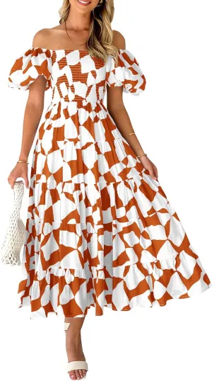 PRETTYGARDEN Women's 2025 Summer Boho Midi Dress Off Shoulder Puff Sleeve Print Smocked Ruffle Beach Long Flowy Dresses