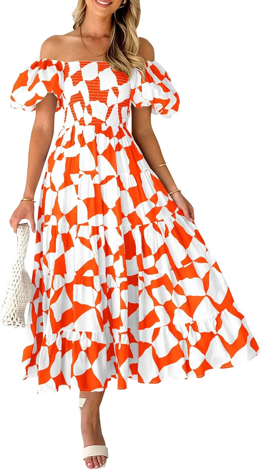 PRETTYGARDEN Women's 2025 Summer Boho Midi Dress Off Shoulder Puff Sleeve Print Smocked Ruffle Beach Long Flowy Dresses