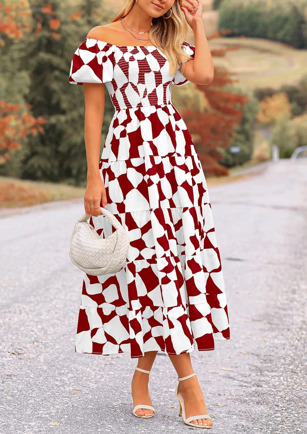 PRETTYGARDEN Women's 2025 Summer Boho Midi Dress Off Shoulder Puff Sleeve Print Smocked Ruffle Beach Long Flowy Dresses