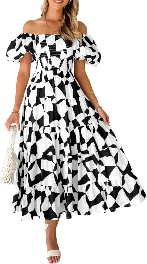 PRETTYGARDEN Women's 2025 Summer Boho Midi Dress Off Shoulder Puff Sleeve Print Smocked Ruffle Beach Long Flowy Dresses