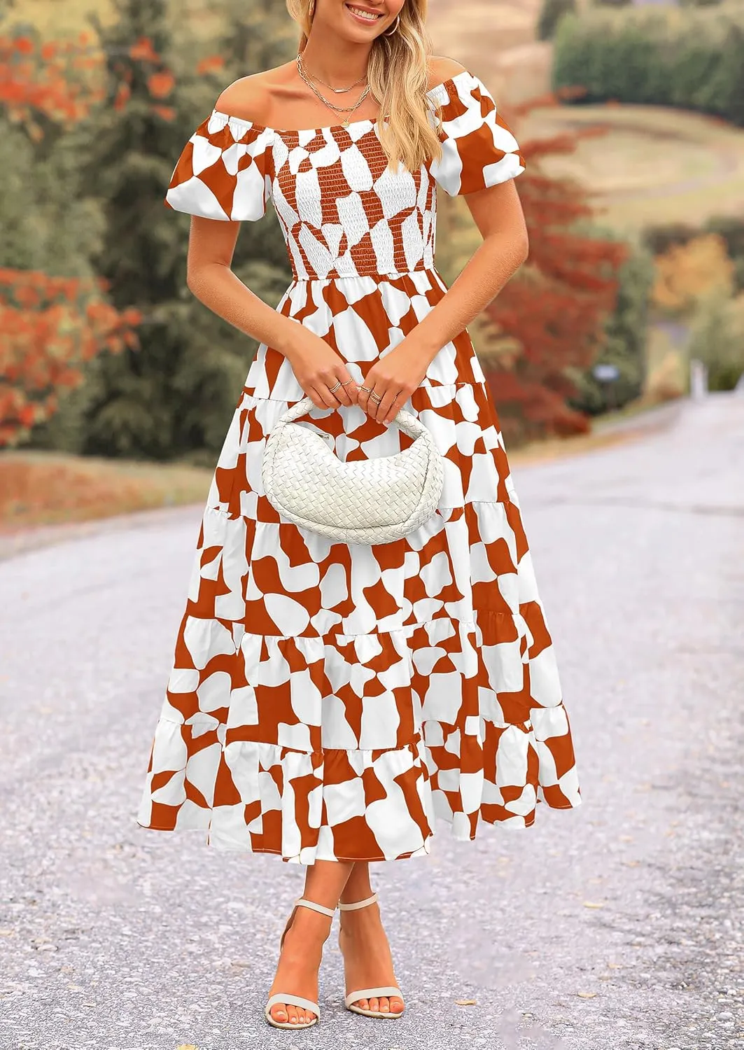 PRETTYGARDEN Women's 2025 Summer Boho Midi Dress Off Shoulder Puff Sleeve Print Smocked Ruffle Beach Long Flowy Dresses