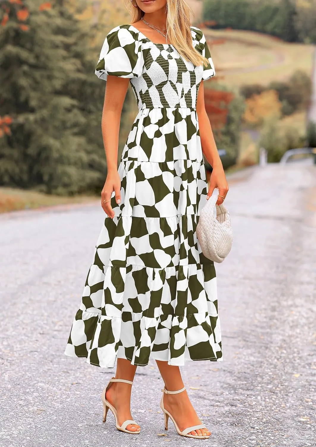 PRETTYGARDEN Women's 2025 Summer Boho Midi Dress Off Shoulder Puff Sleeve Print Smocked Ruffle Beach Long Flowy Dresses