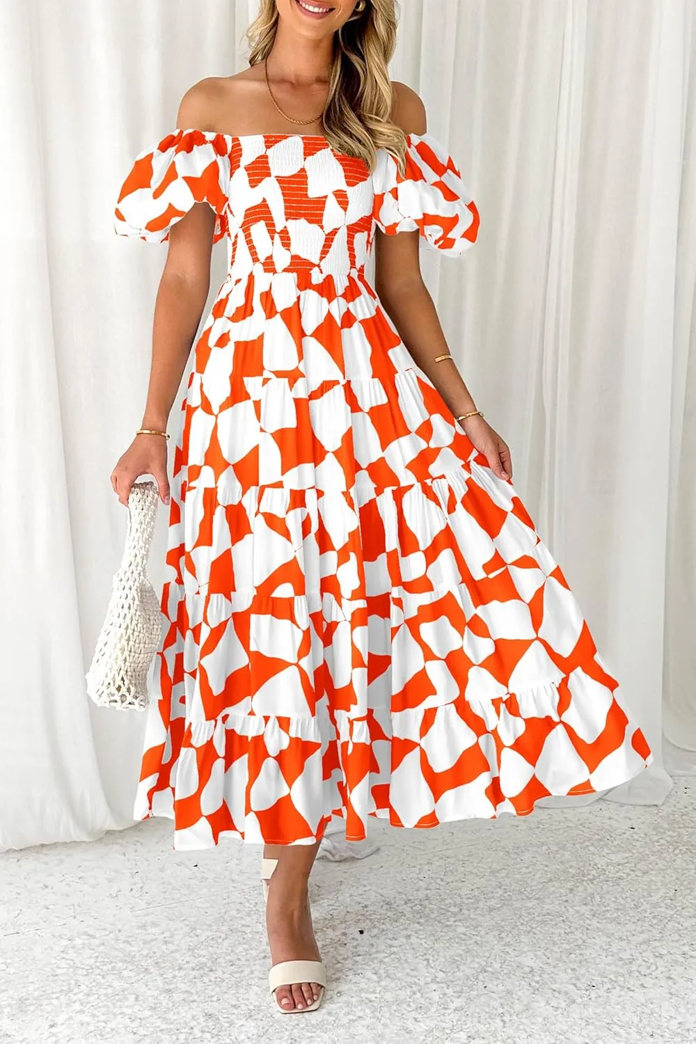 PRETTYGARDEN Women's 2025 Summer Boho Midi Dress Off Shoulder Puff Sleeve Print Smocked Ruffle Beach Long Flowy Dresses