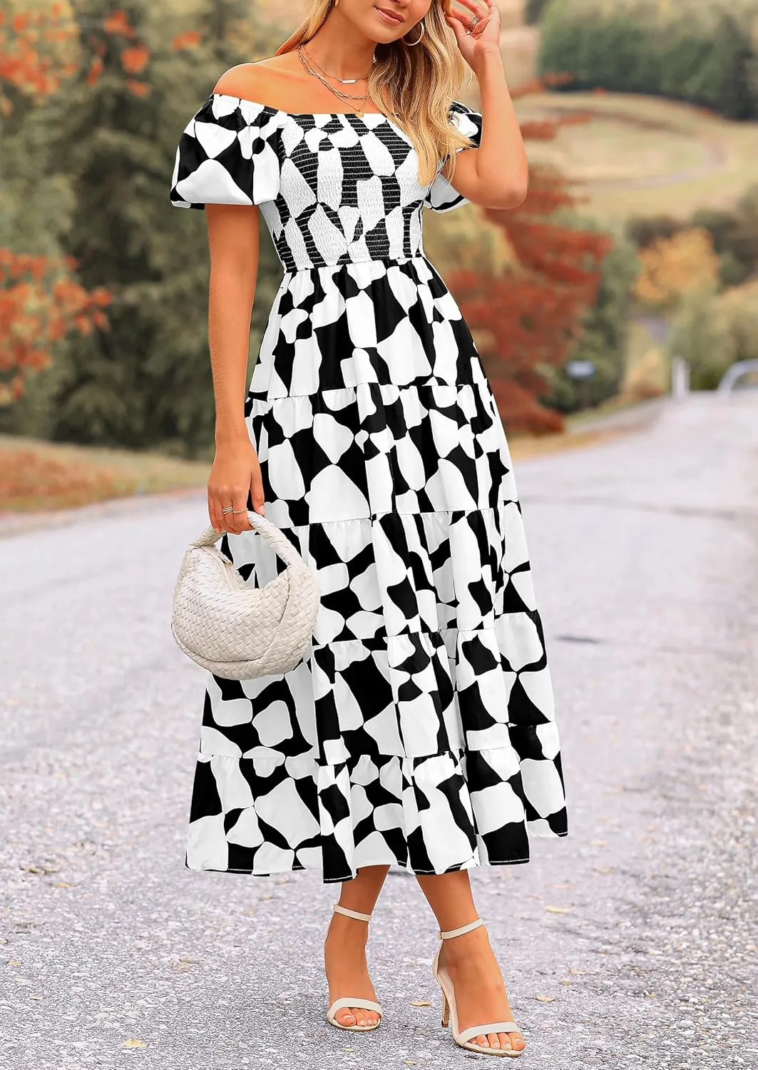 PRETTYGARDEN Women's 2025 Summer Boho Midi Dress Off Shoulder Puff Sleeve Print Smocked Ruffle Beach Long Flowy Dresses