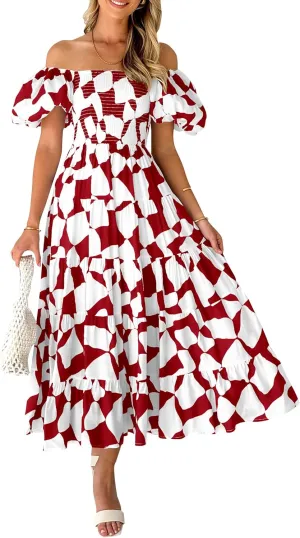 PRETTYGARDEN Women's 2025 Summer Boho Midi Dress Off Shoulder Puff Sleeve Print Smocked Ruffle Beach Long Flowy Dresses