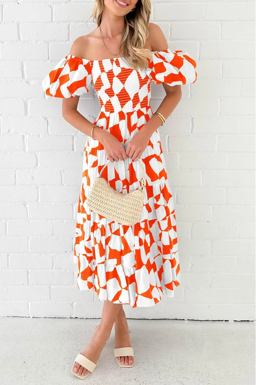 PRETTYGARDEN Women's 2025 Summer Boho Midi Dress Off Shoulder Puff Sleeve Print Smocked Ruffle Beach Long Flowy Dresses