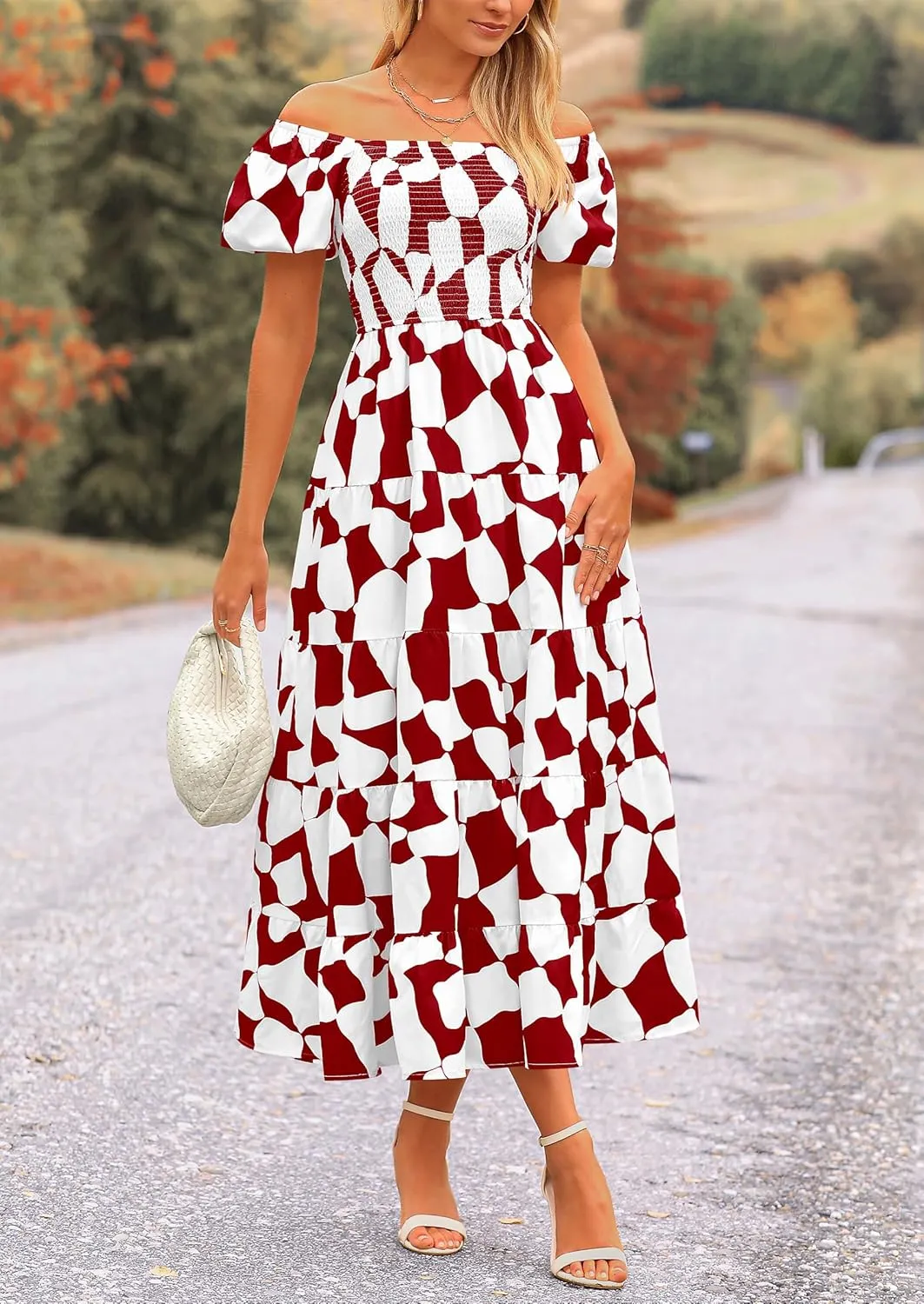 PRETTYGARDEN Women's 2025 Summer Boho Midi Dress Off Shoulder Puff Sleeve Print Smocked Ruffle Beach Long Flowy Dresses