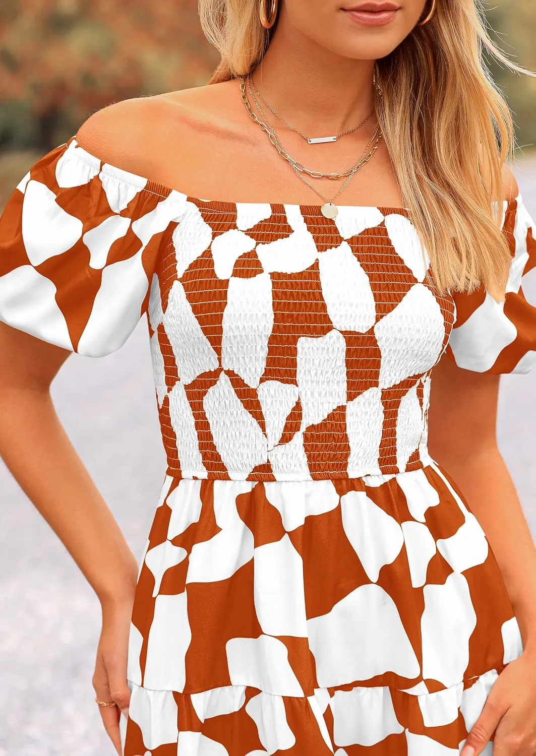 PRETTYGARDEN Women's 2025 Summer Boho Midi Dress Off Shoulder Puff Sleeve Print Smocked Ruffle Beach Long Flowy Dresses