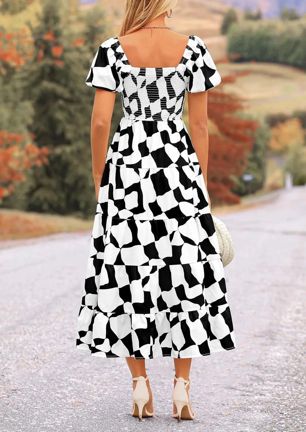 PRETTYGARDEN Women's 2025 Summer Boho Midi Dress Off Shoulder Puff Sleeve Print Smocked Ruffle Beach Long Flowy Dresses