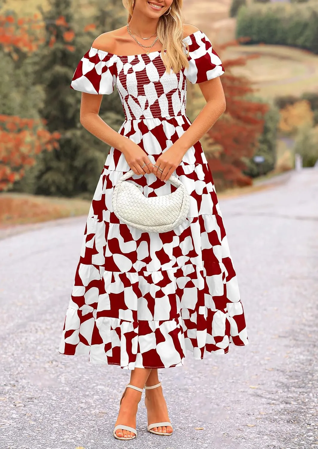 PRETTYGARDEN Women's 2025 Summer Boho Midi Dress Off Shoulder Puff Sleeve Print Smocked Ruffle Beach Long Flowy Dresses