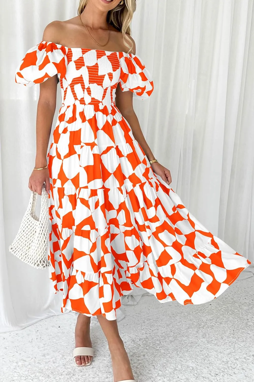 PRETTYGARDEN Women's 2025 Summer Boho Midi Dress Off Shoulder Puff Sleeve Print Smocked Ruffle Beach Long Flowy Dresses