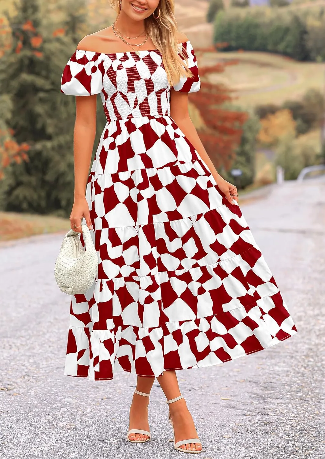 PRETTYGARDEN Women's 2025 Summer Boho Midi Dress Off Shoulder Puff Sleeve Print Smocked Ruffle Beach Long Flowy Dresses