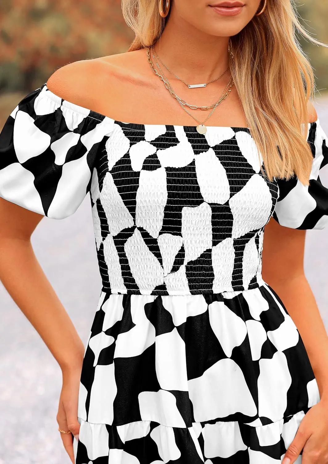 PRETTYGARDEN Women's 2025 Summer Boho Midi Dress Off Shoulder Puff Sleeve Print Smocked Ruffle Beach Long Flowy Dresses