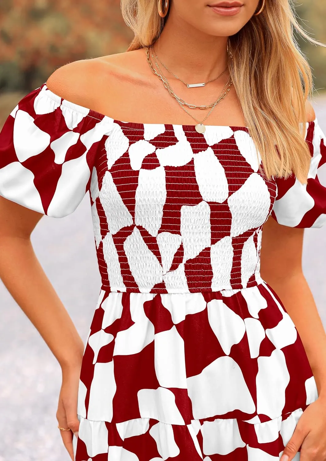 PRETTYGARDEN Women's 2025 Summer Boho Midi Dress Off Shoulder Puff Sleeve Print Smocked Ruffle Beach Long Flowy Dresses