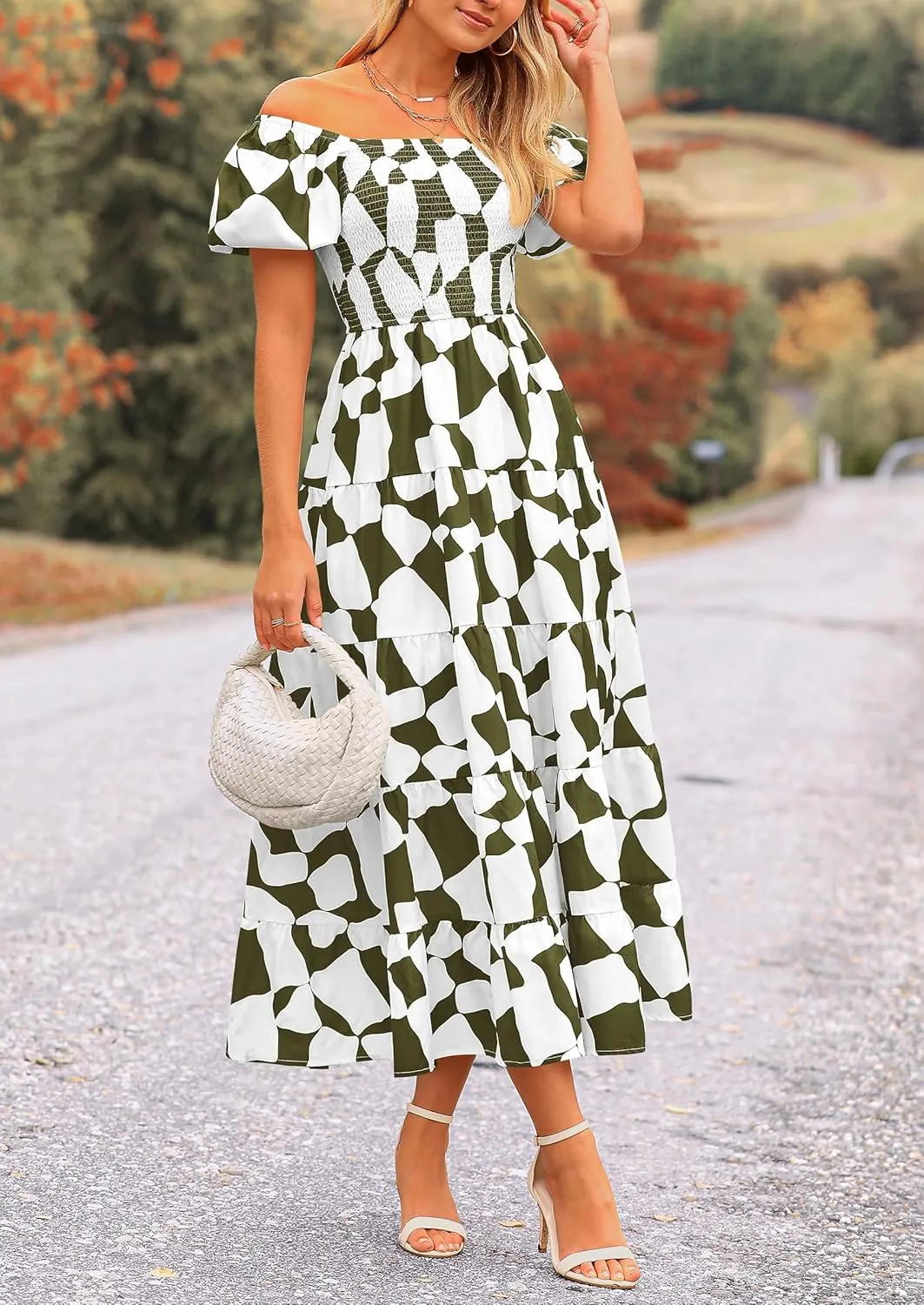 PRETTYGARDEN Women's 2025 Summer Boho Midi Dress Off Shoulder Puff Sleeve Print Smocked Ruffle Beach Long Flowy Dresses