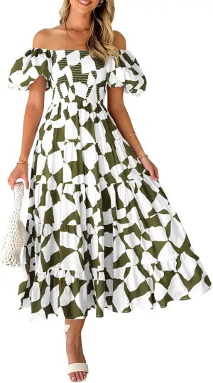 PRETTYGARDEN Women's 2025 Summer Boho Midi Dress Off Shoulder Puff Sleeve Print Smocked Ruffle Beach Long Flowy Dresses
