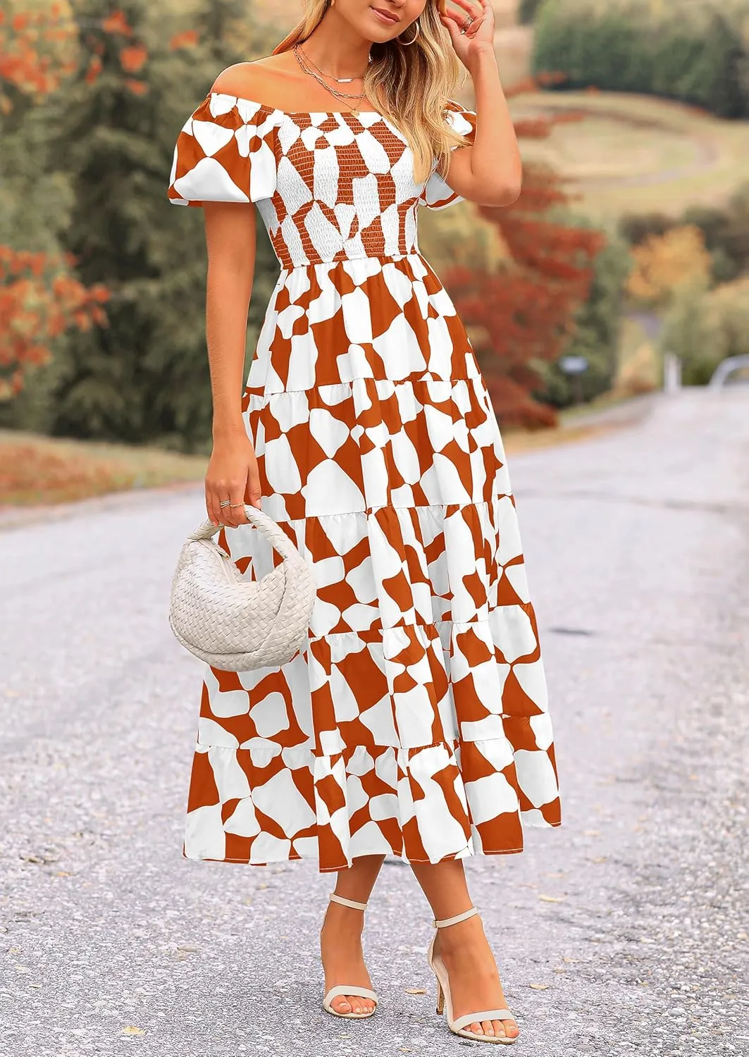 PRETTYGARDEN Women's 2025 Summer Boho Midi Dress Off Shoulder Puff Sleeve Print Smocked Ruffle Beach Long Flowy Dresses
