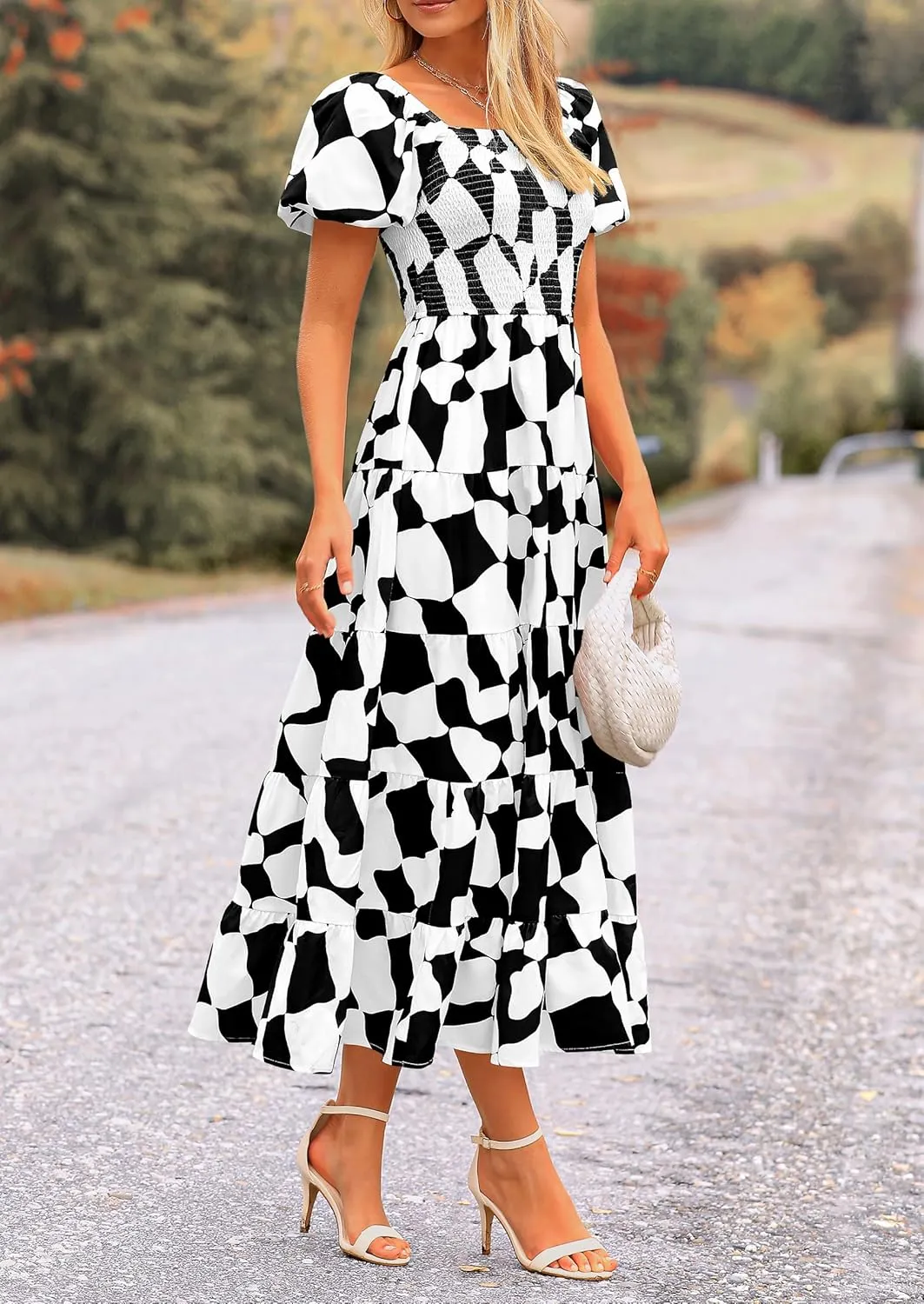 PRETTYGARDEN Women's 2025 Summer Boho Midi Dress Off Shoulder Puff Sleeve Print Smocked Ruffle Beach Long Flowy Dresses