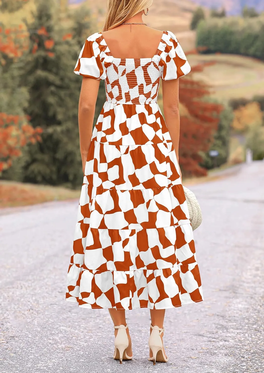 PRETTYGARDEN Women's 2025 Summer Boho Midi Dress Off Shoulder Puff Sleeve Print Smocked Ruffle Beach Long Flowy Dresses