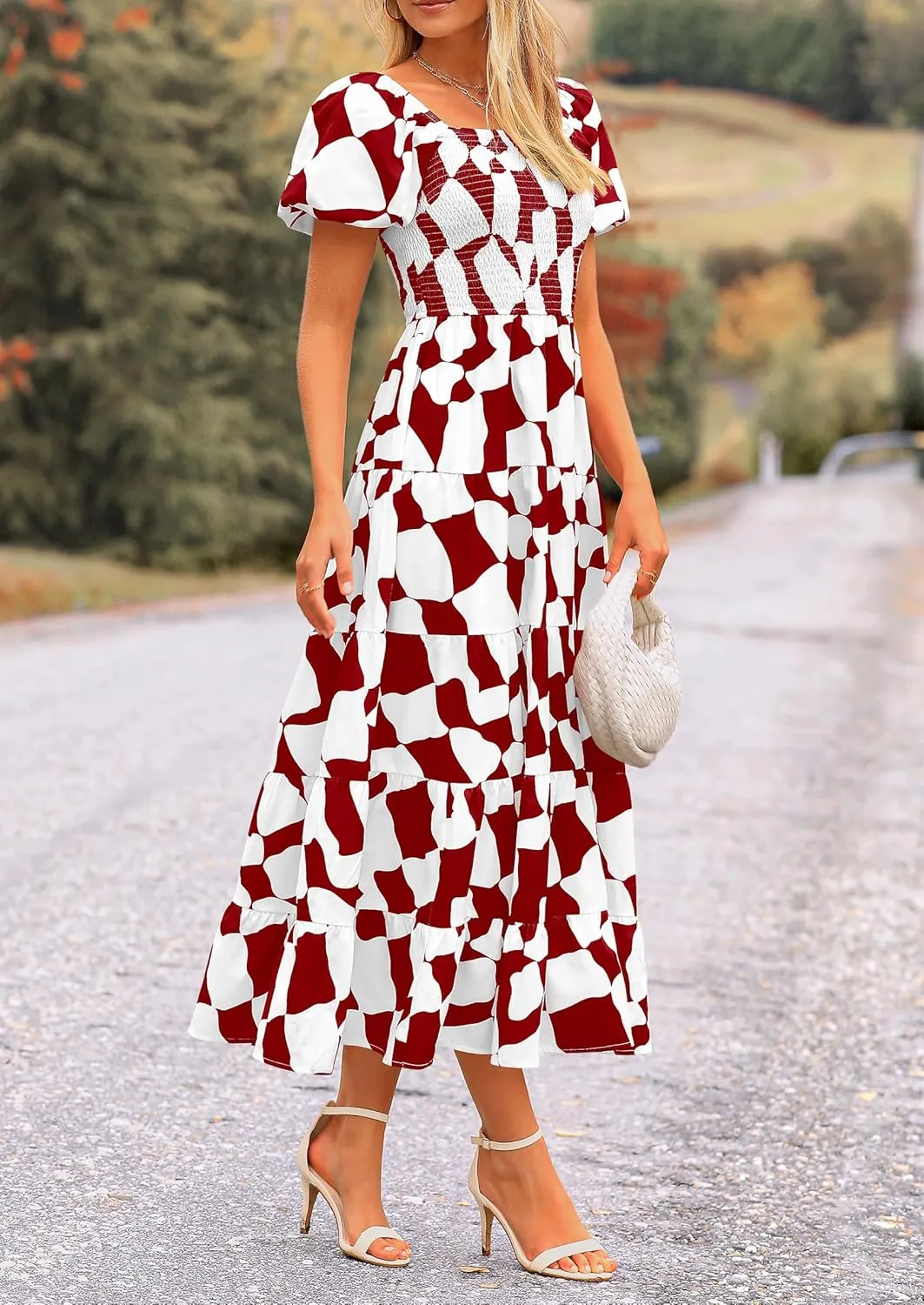 PRETTYGARDEN Women's 2025 Summer Boho Midi Dress Off Shoulder Puff Sleeve Print Smocked Ruffle Beach Long Flowy Dresses