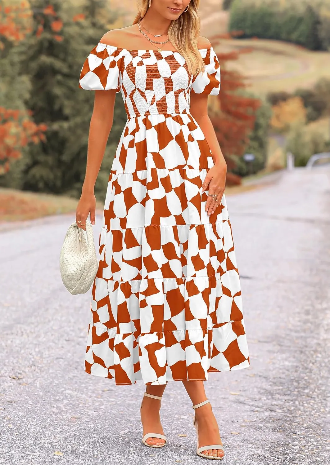 PRETTYGARDEN Women's 2025 Summer Boho Midi Dress Off Shoulder Puff Sleeve Print Smocked Ruffle Beach Long Flowy Dresses