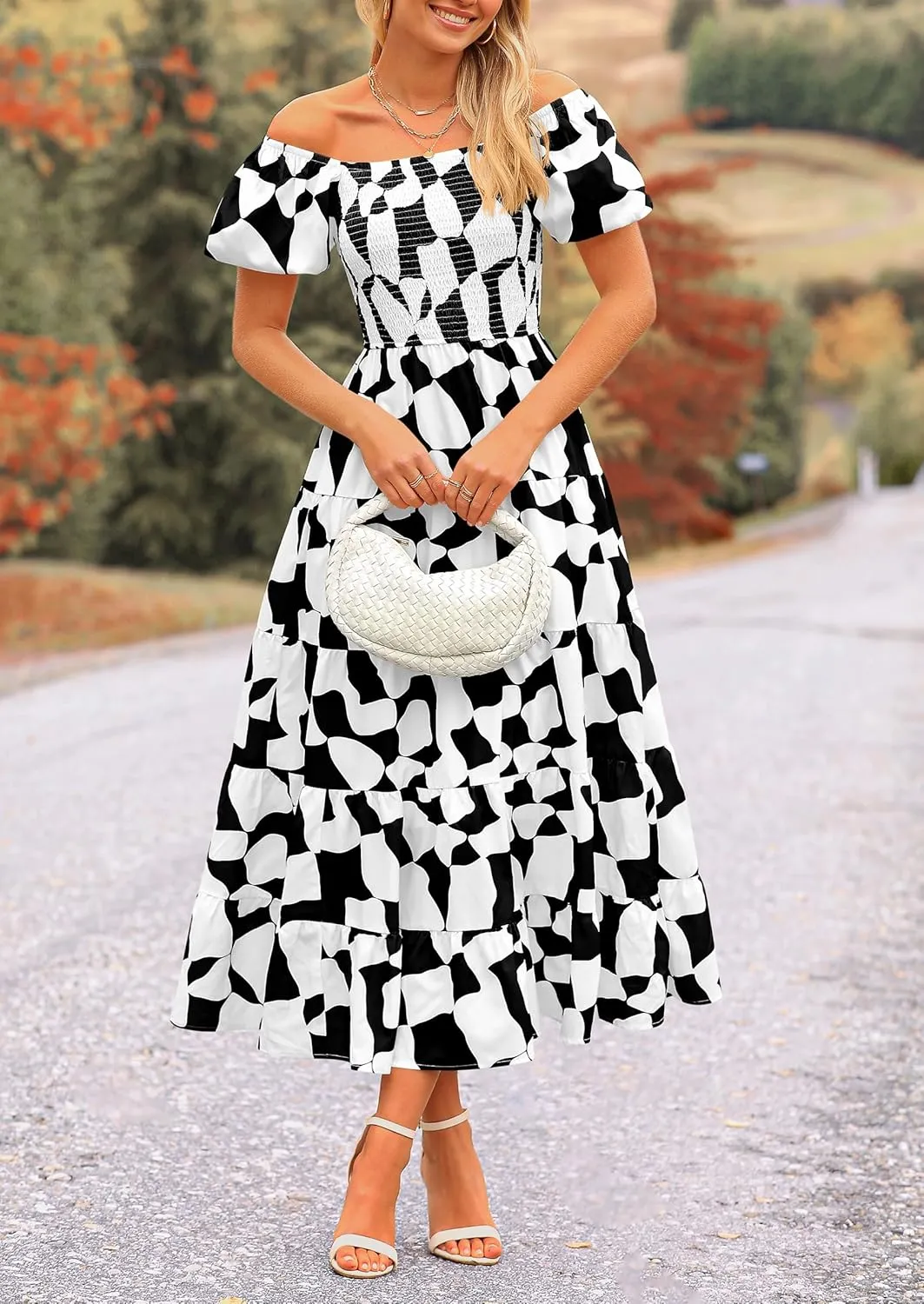 PRETTYGARDEN Women's 2025 Summer Boho Midi Dress Off Shoulder Puff Sleeve Print Smocked Ruffle Beach Long Flowy Dresses