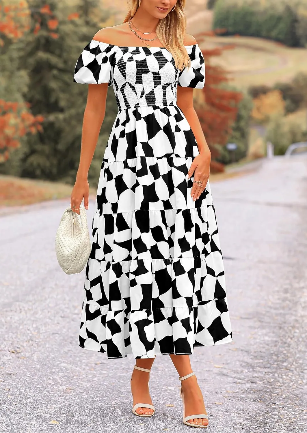 PRETTYGARDEN Women's 2025 Summer Boho Midi Dress Off Shoulder Puff Sleeve Print Smocked Ruffle Beach Long Flowy Dresses