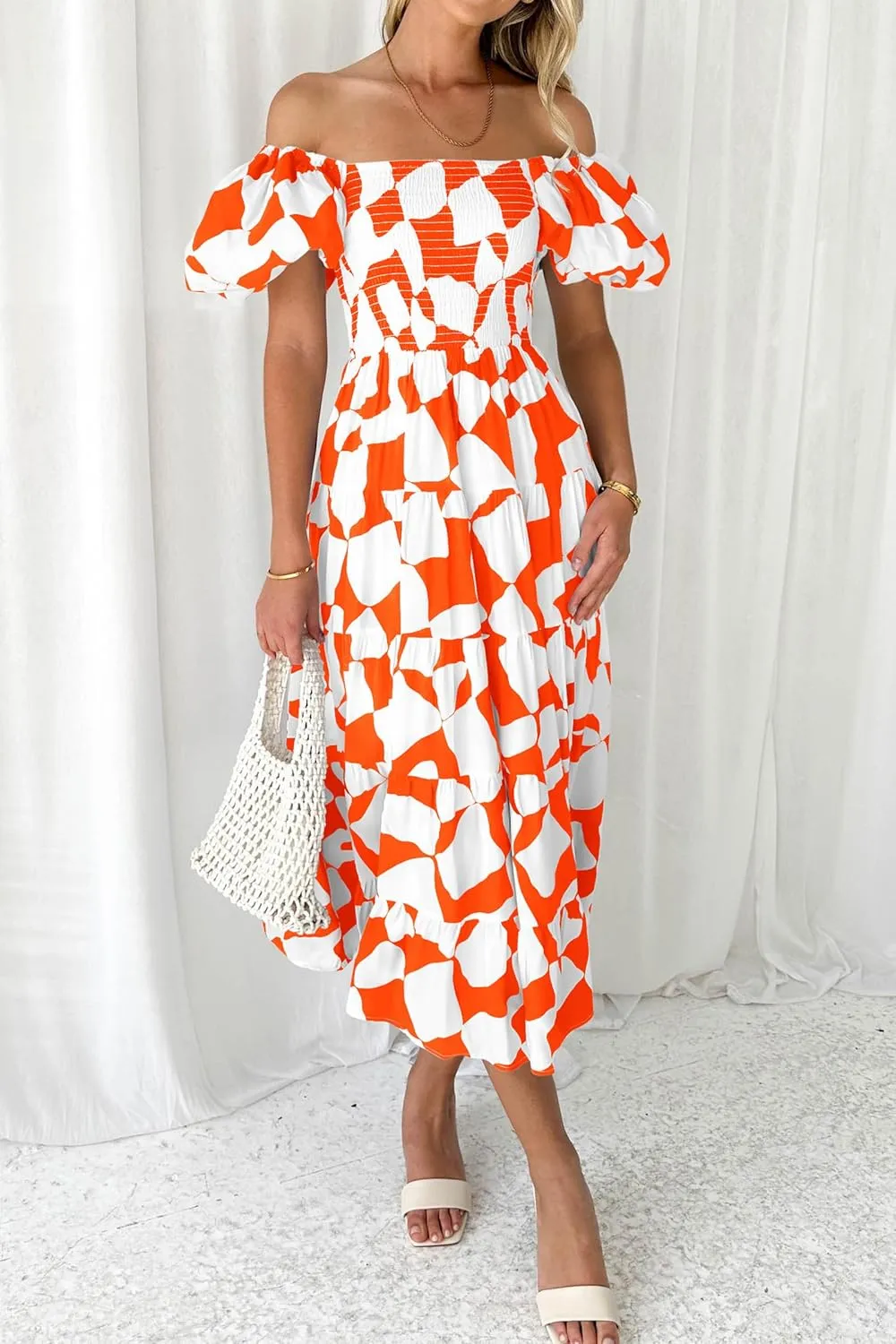 PRETTYGARDEN Women's 2025 Summer Boho Midi Dress Off Shoulder Puff Sleeve Print Smocked Ruffle Beach Long Flowy Dresses