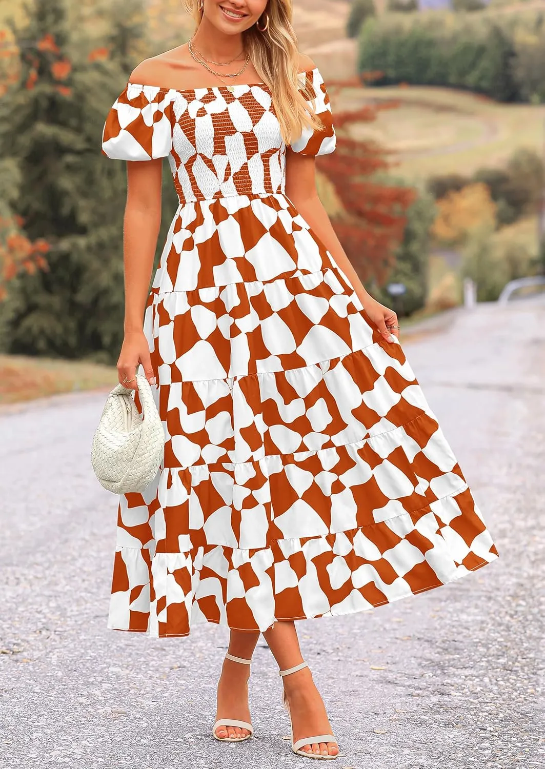 PRETTYGARDEN Women's 2025 Summer Boho Midi Dress Off Shoulder Puff Sleeve Print Smocked Ruffle Beach Long Flowy Dresses