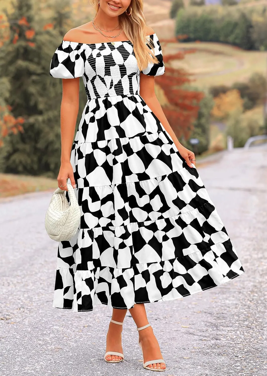 PRETTYGARDEN Women's 2025 Summer Boho Midi Dress Off Shoulder Puff Sleeve Print Smocked Ruffle Beach Long Flowy Dresses