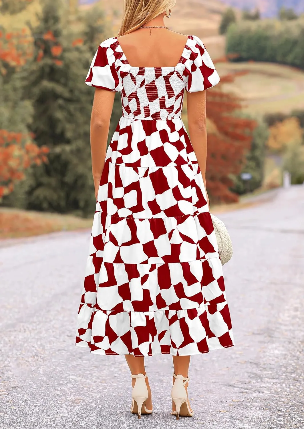 PRETTYGARDEN Women's 2025 Summer Boho Midi Dress Off Shoulder Puff Sleeve Print Smocked Ruffle Beach Long Flowy Dresses
