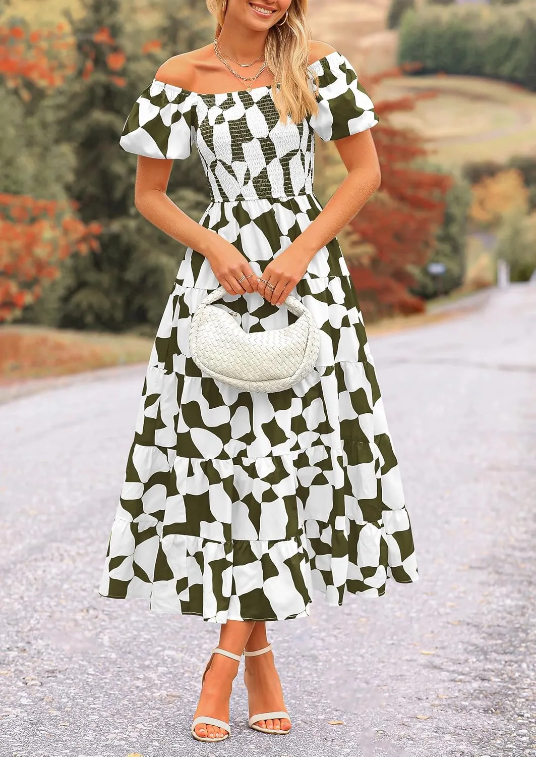 PRETTYGARDEN Women's 2025 Summer Boho Midi Dress Off Shoulder Puff Sleeve Print Smocked Ruffle Beach Long Flowy Dresses
