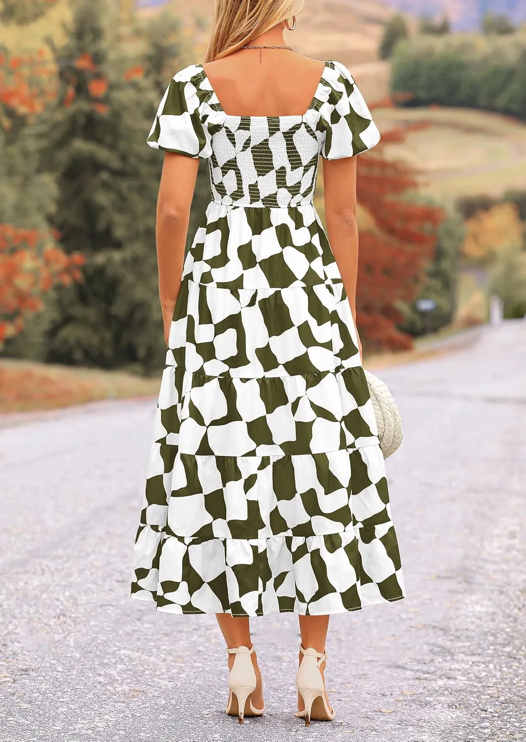 PRETTYGARDEN Women's 2025 Summer Boho Midi Dress Off Shoulder Puff Sleeve Print Smocked Ruffle Beach Long Flowy Dresses
