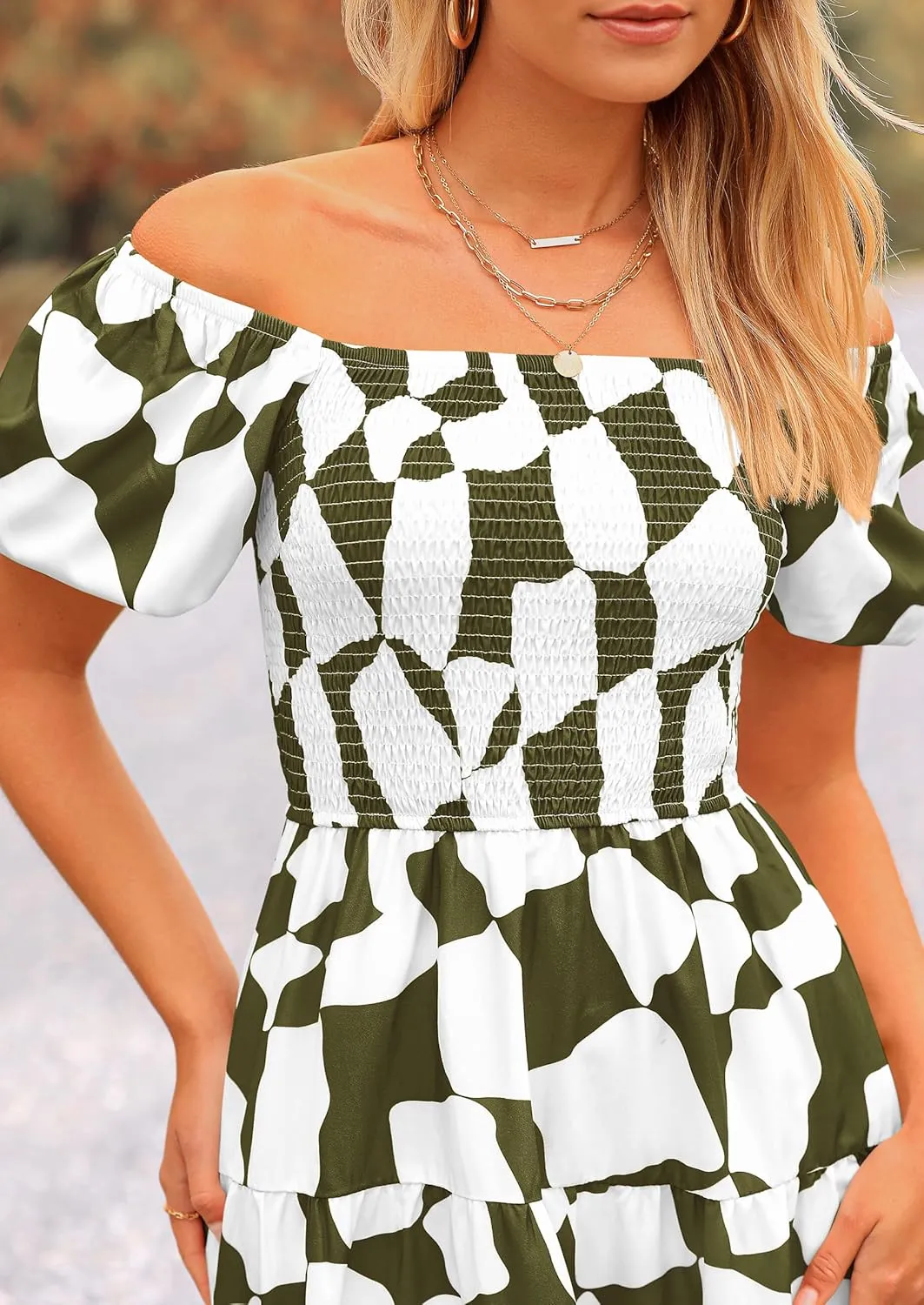 PRETTYGARDEN Women's 2025 Summer Boho Midi Dress Off Shoulder Puff Sleeve Print Smocked Ruffle Beach Long Flowy Dresses