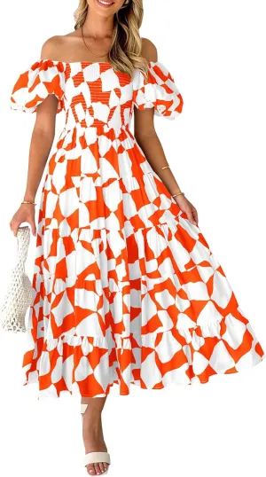 PRETTYGARDEN Women's 2025 Summer Boho Midi Dress Off Shoulder Puff Sleeve Print Smocked Ruffle Beach Long Flowy Dresses