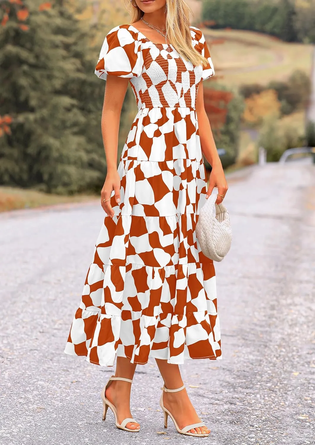 PRETTYGARDEN Women's 2025 Summer Boho Midi Dress Off Shoulder Puff Sleeve Print Smocked Ruffle Beach Long Flowy Dresses
